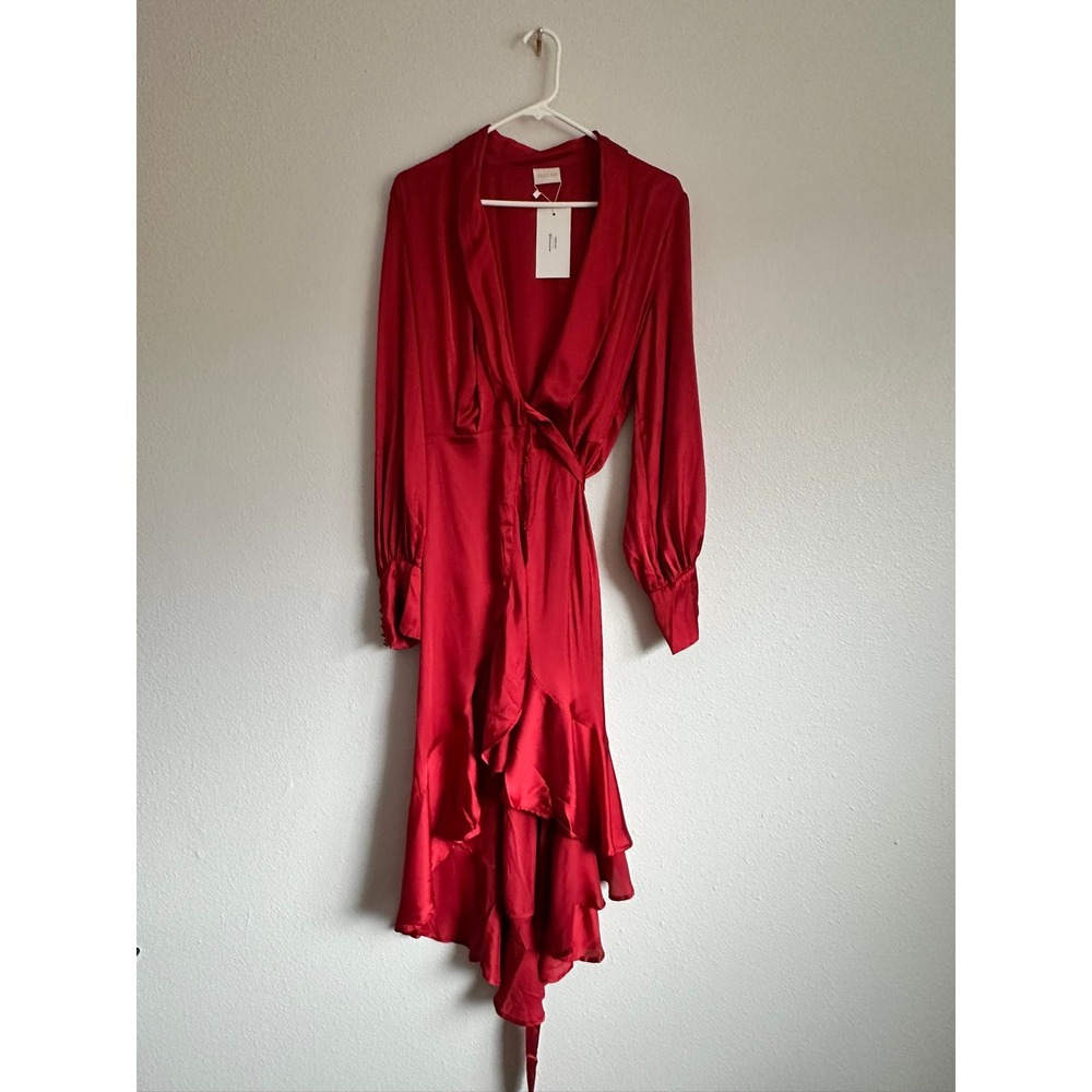 Suki So Womens Red Satin Wrap Dress High Low Ruffle Long Sleeve Plus Size 1X NEW